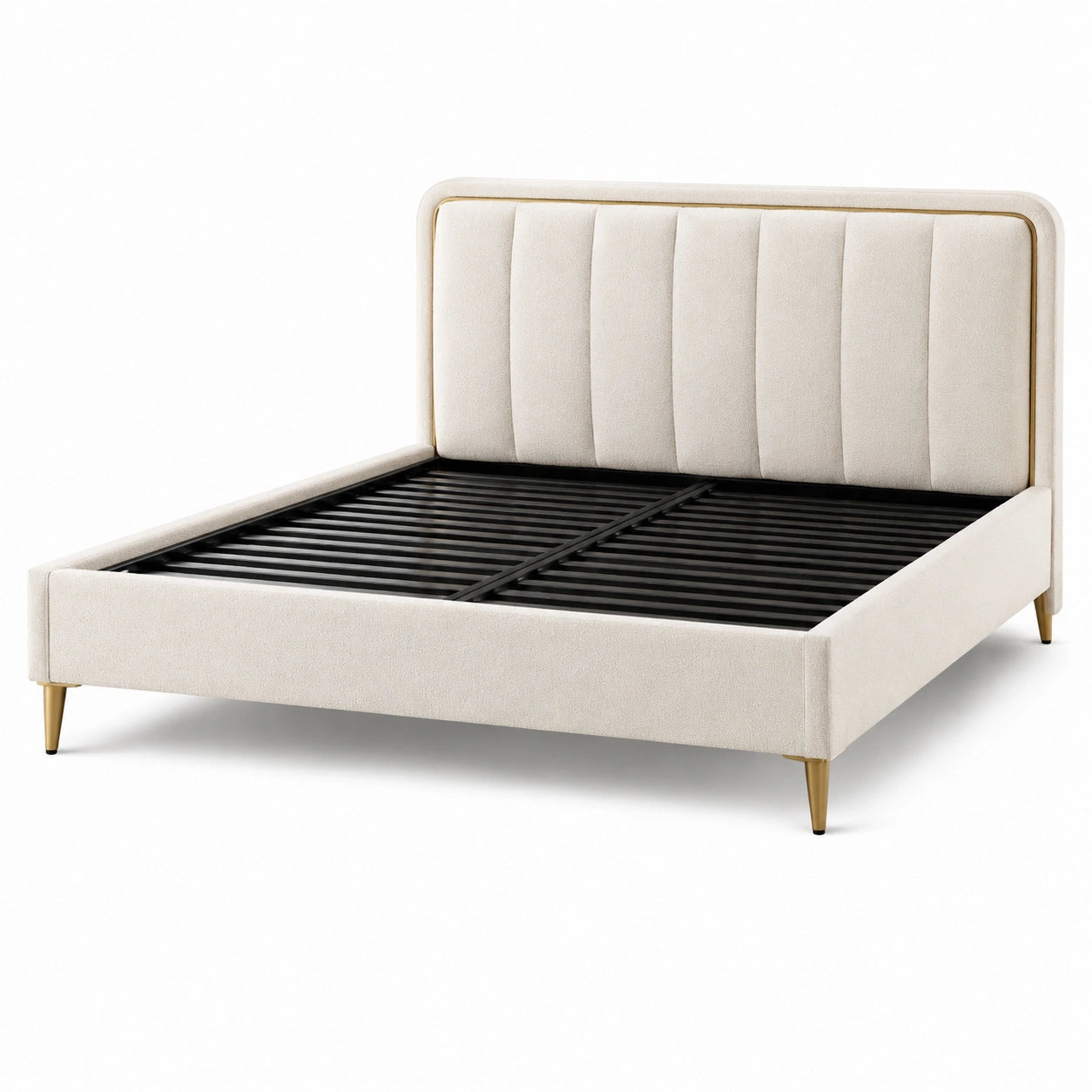 Cadre de lit en métal et tissu beige avec pieds dorés